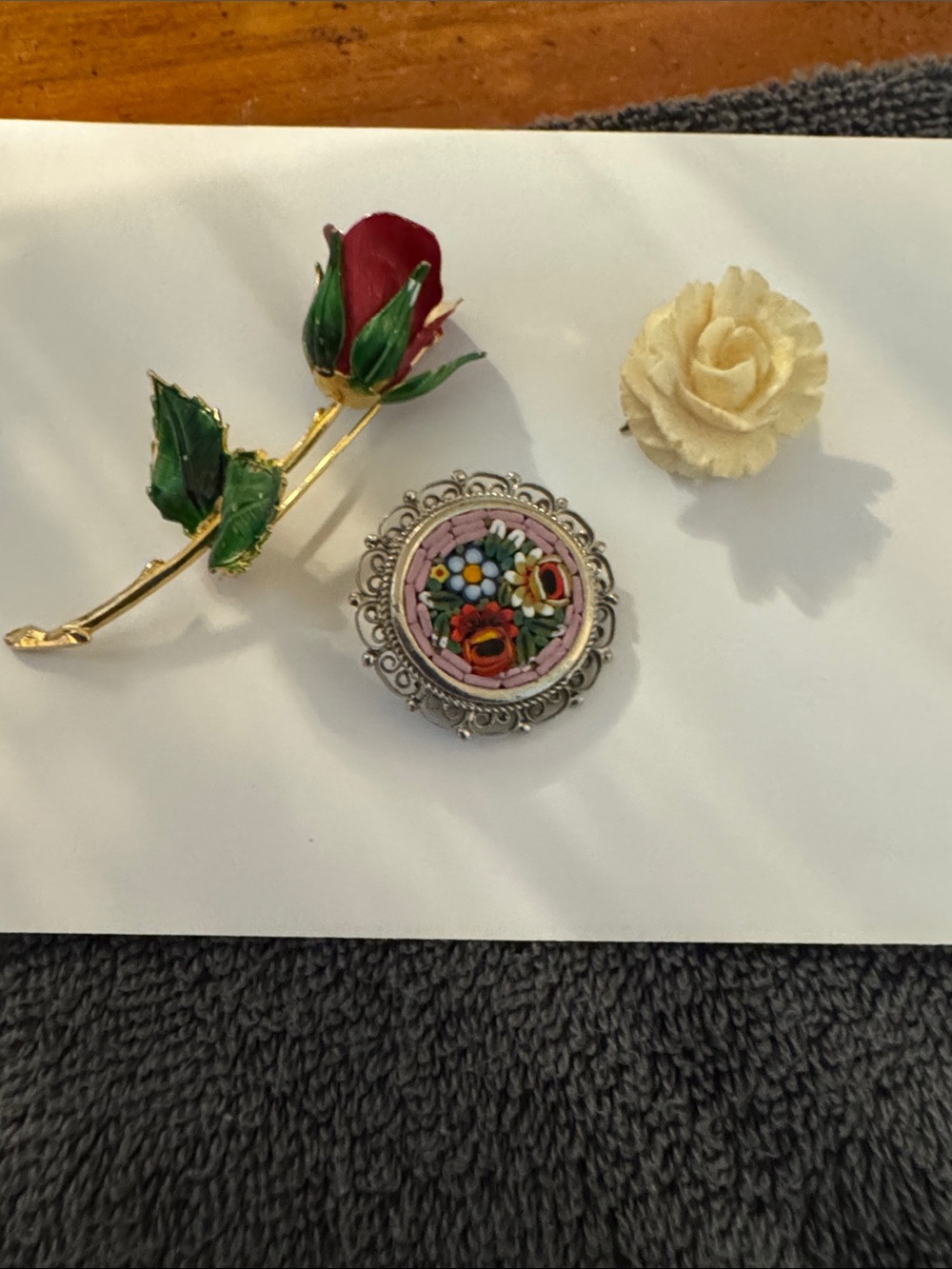 Floral Micro-Mosaic Round Brooch Pin - Pink, Red, Green